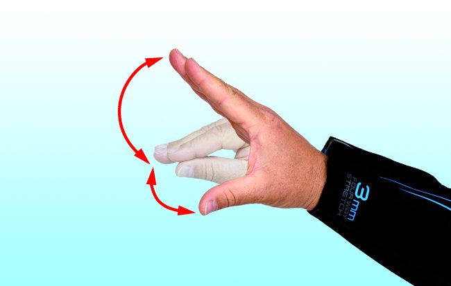 Muräne
Daumen und die vier restlichen Finger der gestreckten Hand auseinanderspreizen und wieder in der Mitte zusammenführen. Diese Bewegung mehrmals wiederholen.
Im Süßwasser wird dieses Zeichen für den Hecht verwendet.